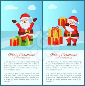 Merry Christmas and happy New Year banners, Santa Claus with clouds and pile of presents, text and headlines isolated on vector illustration