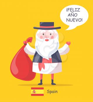 Spain and Santa Claus posters collection, old man with beard wearing traditional costume and red bag with presents, flag vector illustration