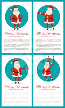 Merry Christmas and happy New Year, Santa set and his emotions, Claus wearing red costume with belt and informational text vector illustration
