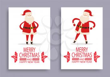 Calligraphic inscription with mistletoe branches and Santa Claus symbol of winter holidays vector postcard isolated. Merry Christmas and Happy New Year
