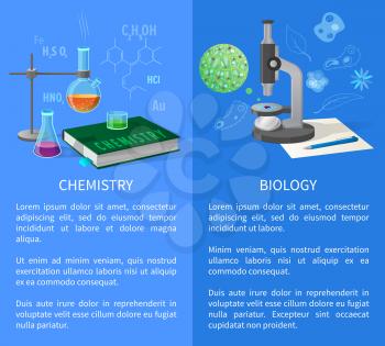 Chemistry and biology vector banners set with flask holder, textbook in hardcover, microscope and ballpoint pen on white sheet of paper on background of formula
