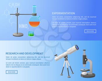 Experimentation research and development web banner with modern refractor telescope and metal retort stand vector illustration on blue