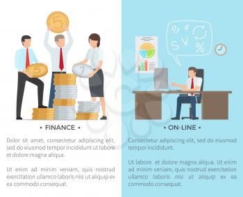 Finance and online set of cartoon posters. Vector illustration of smart males and female holding large coins along with adult man working on computer