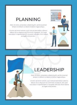Planning and leadership set of business posters. Vector illustration of employees with calendar and hourglass along with adult man on top of mountain
