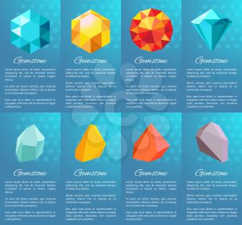 Gemstone collection of posters, precious stones and given additional information on them below, vector illustration isolated on blue