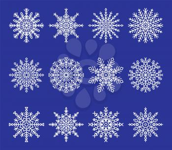 Snowflakes collection, consisting of geometric shapes and lines, simple objects and unique ice crystals vector illustration isolated on blue