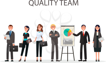 Quality team of best managers with diagram and chart on placard on white background vector illustration flat design of businessmen