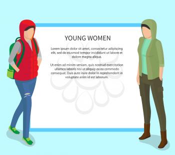 Young women vector poster with place for text. College students in casual cloth, in red sleeveless jacket, with backpack and in green stylish apparel