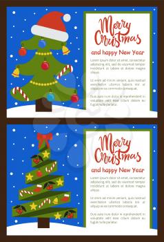 Merry Christmas and Happy New Year posters tree made of ribbons, decoration elements stars and candies, balls and mistletoe, sock isolated vector