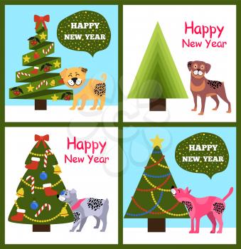 Happy New Year posters with congratulations from cartoon dogs and abstract xmas trees vector illustration greeting cards isolated on white background