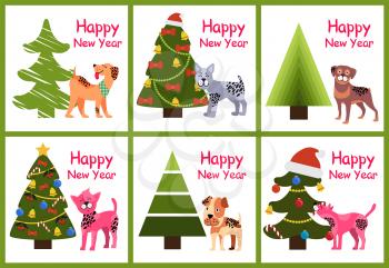 Happy New Year posters 2018 set with abstract Christmas trees and cute spotted puppies vector illustration greeting cards isolated on white background