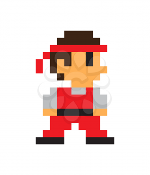 Game character, man icon, color pixel illustration isolated on white background, red pixel overall and bandage, black pixel shoes, man silhouette