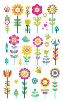 Set of springtime flowers, bees butterflies and birds, collection of spring blooming patterns, creative plants and flower buds, vector grass and bushes