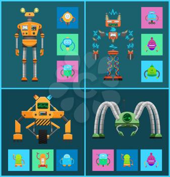 Robot collection icons robotic creatures with radar and electricity, types of robots set, mechanisms vector illustration isolated on blue background