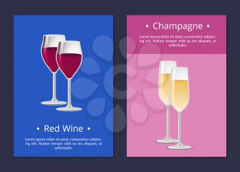 Red wine and champagne glasses set of posters with alchohol beverages, vector illustration of glassware with winery drinks on color backdrops