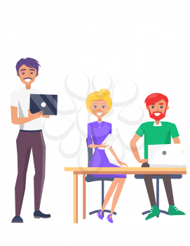 Happy employees colorful card vector illustration with two men and girl in lilac gown sitting at table, pair laptops isolated on white background