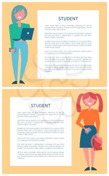 Student girls set of posters with schoolgirls in cartoon style vector illustrations frame for text, smartphone and handbag, notebook for studying