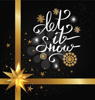 Let it snow inscription on glittering golden snowflakes on black vector illustration. Handwritten calligraphy text on snowballs with ribbon and bow