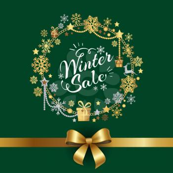 Winter sale poster in decorative frame made of silver and golden snowflakes and abstract present boxes, on green background with bow in bottom