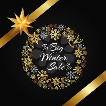 Big winter sale poster decorative frame made of golden snowflakes, snowballs of gold in x-mas border on black vector with bow and ribbon in corner