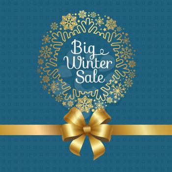 Big winter sale poster with gift bow, decorative frame made of golden snowflakes, snowballs of gold in xmas concept vector on ornamental blue