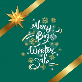 Very big winter sale inscription on snowflakes vector on green background with ribbons and bows. Stylish advertising poster with calligraphic text