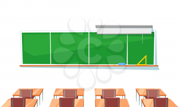 Chalkboard and desks, school classroom and education vector. Projector screen and triangular ruler, chalk and sponge, tables and chairs, furniture. Back to school concept. Flat cartoon