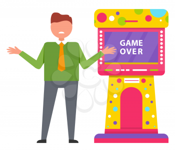 Game over. Man wearing green shirt with yellow tie losing, upset guy spreading his hands. Colorful retro arcade machine isolated on white vector. Male lost in video game. Flat cartoon