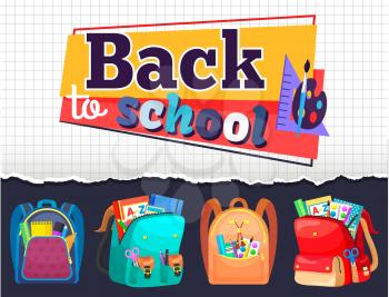 Notebook sheet and stationery, schoolbags or rucksacks, back to school vector. Paintbrush and palette, ruler and pencil, book and copybook, backpacks. Back to school concept. Flat cartoon