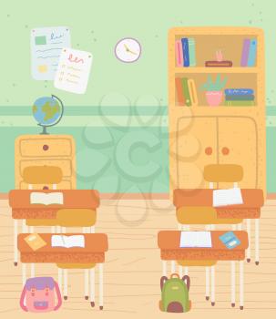 Classroom interior vector, room with desks and school supply, globe and shelves with books. Satchels bags of students, workplace with textbooks and pens. Back to school concept. Flat cartoon