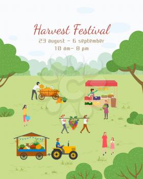 Harvest festival invitation, 23 August, 6 September, from 10 am till 8 pm. People with vegetables and fruit, fair in park, pumpkin and grape, retail. Funny spending time on harvest festival
