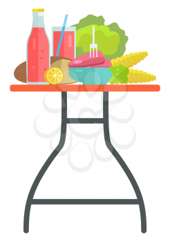 Cooking ingredients food and drinks on table isolated object vector. Chicken meat and corn, cabbage and bread, orange and juice in bottle and cup. Flat cartoon