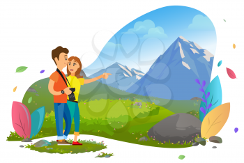 Traveling, tourists couple photo camera, mountain landscape vector. Wild nature and romantic weekend, active pastime and outdoor activity, photographs. Mountain tourism. Flat cartoon