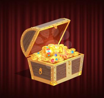 Open dower chest with diamonds, gold and silver coins. 3d view of box with lock and precious sign, brilliant and money in container, loot object vector. Red curtain theater background
