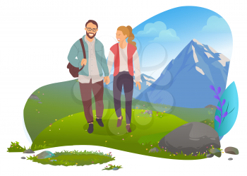 Couple hiking in mountains, man and woman, date vetcor. Walking with backpack, camping or backpacking, boyfriend and girlfriend, outdoor activity. Mountain tourism