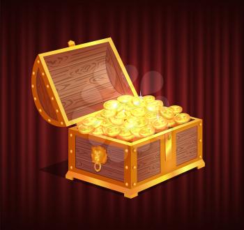 Open dower chest with gold and silver coins. 3d view of box with lock and precious sign, brilliant and money in container, loot object vector. Red curtain theater background