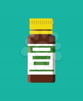 Container for medical liquids storage, syrups and mixtures, glass bottle with label information about product, vector illustration isolated on green