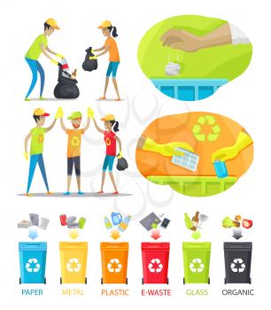 Rubbish collecting and sorting vector illustration, cheerful volunteers holding bags with collected waste, set of trash boxes for different junk types
