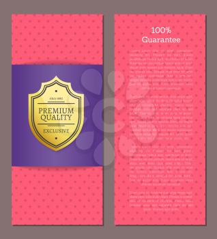 100 guarantee award golden offer premium quality label super choice metal medal, vector illustration of poster with insignia isolated on purple and pink