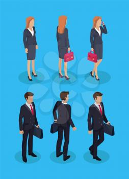 Woman and businessman set. People wearing suits classy formal wear. Male with briefcase and female talking on cell phone. Working man woman vector