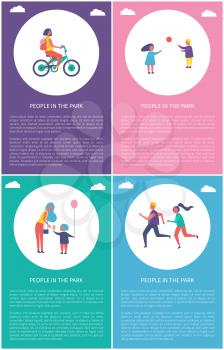 People in park cartoon vector posters with text. Girl riding bike, children boy and girl playing volleyball with ball. Couple jogging, mother and daughter