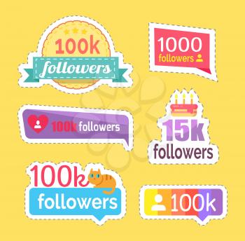 Follow and followers information and numbers statistics stickers set vector. Cake with candles to celebrate popularity. Likes and hearts with profile
