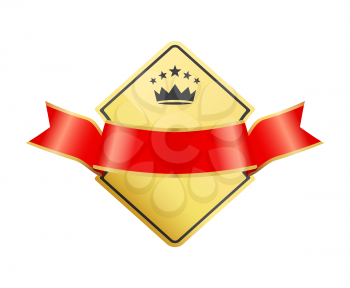 Gold coat of arms with ribbon decoration vector icon. Shiny shield with crown silhouette at top, wrapped in shaped red string with glossy frames.