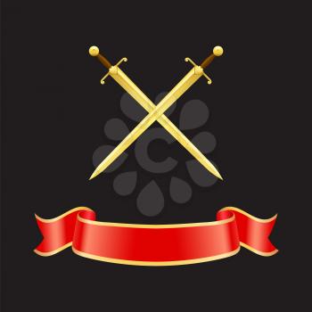 Ribbon waves banner and crossed swords with heavy handles. Epees made of gold and red stripe with yellow borders. Icons set closeup isolated on vector