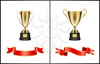 Golden cups and shiny ribbons colorful poster, vector precious awards for great sport achievements, trophies on stands with nameplate, laurel wreaths