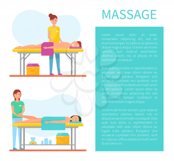 Back and foot massage poster with text sample in block vector. Massaging method of masseuse, oils and candle therapy to relax clients. Male and woman