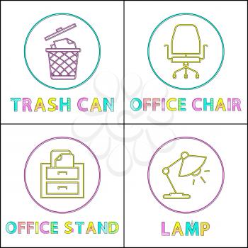 Office environment elements round linear icons set. Trash can, office chair, office stand and table lamp isolated cartoon flat vector illustrations.
