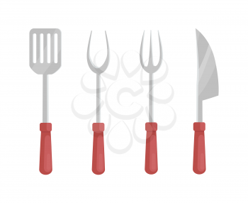 Utensil for barbecue vector badge in cartoon style. Metal fork and knife, kitchen spatula with wooden or plastic handles, picnic equipment banner