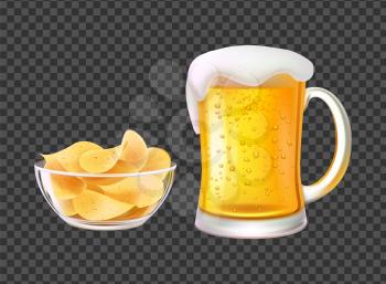 Beer in mug with foam and chips in bowl for snack. Alcohol drink inside big glass cup, snack of fried potato slices realistic 3D vector illustrations.