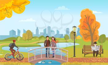 Couple standing on bridge, cycling biker wearing protective helmet and old man reading daily newspaper. City town with autumnal tree park view vector